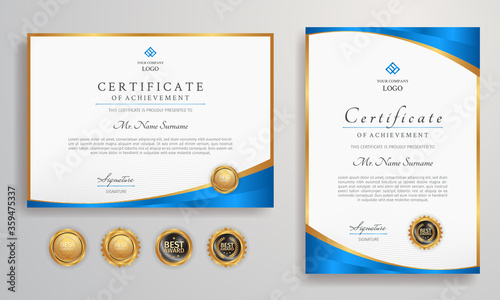 Diploma certificate border template with luxury color and badges