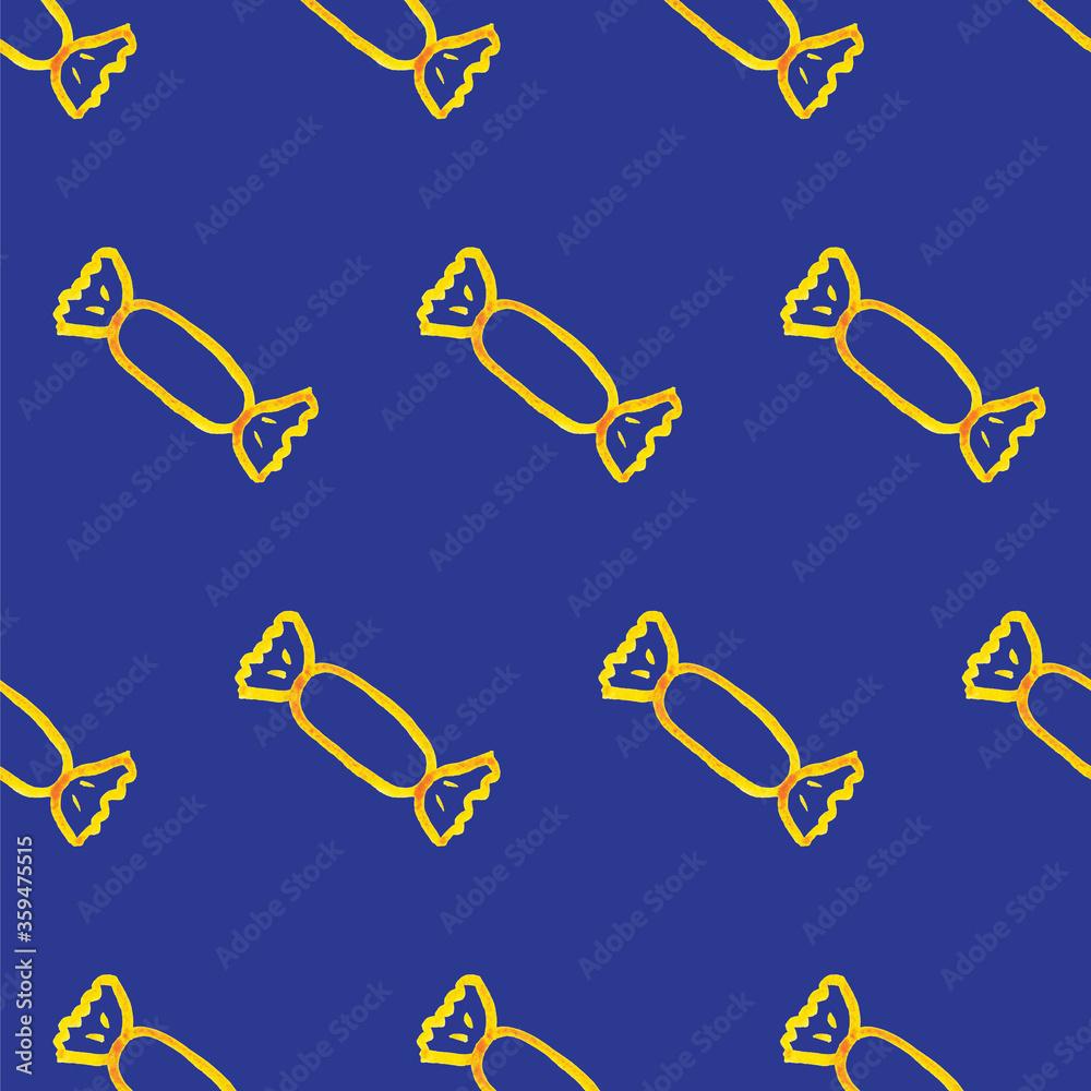 Seamless pattern with simple candy. Yellow picture on blue board. Doodle illustration. Child's drawing. Cartoon background for Kids. Perfect for children fabric, textile, nursery wallpaper