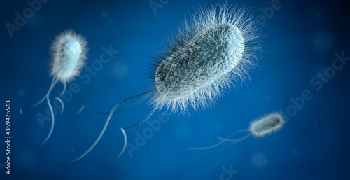 3d illustration of bacteria on a blue background, microscope magnification photo