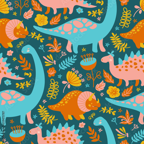 DINO TEXTILE Grunge Prehistoric Cartoon Animals Seamless Pattern Vector Illustration for Fabric Print Fabric and Digital Paper