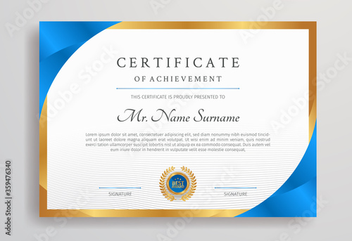 Blue and gold diploma certificate with badge and border A4 template for award, business, and education needs
