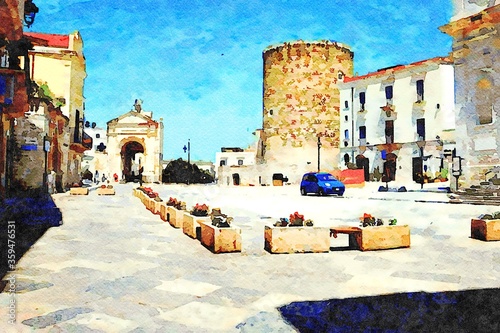 watercolostyle which represents one of the squares of the historic center of Bitonto in Puglia with one of the city gates and the tower. photo