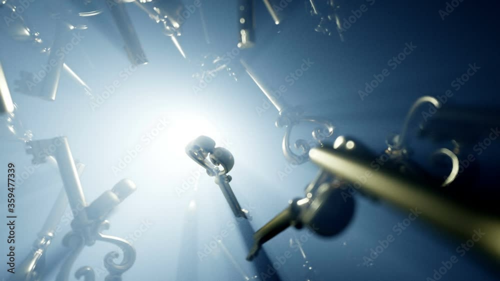 Retro vintage gold keys flying in dark. Volumetriclight, shine. Secret. Realistic 4K animation.