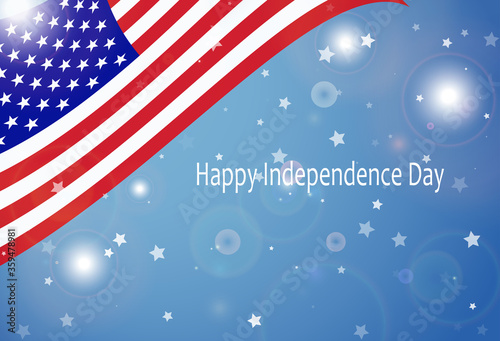 USA Independence Day card with american flag, stars and flares.
