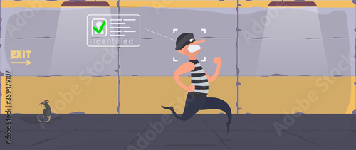 The criminal in a striped suit runs away. Identification of the robber. The concept of protection and escape. Vector.