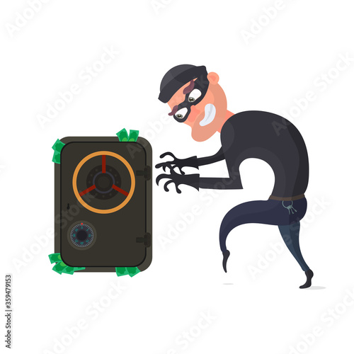 Robber and safe with money. Dollars stick out of the safe. The criminal is planning a robbery. Flat style Isolated. Vector.