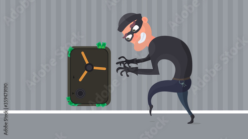 Robber and safe with money. Dollars stick out of the safe. The criminal is planning a robbery. Vector flat style.