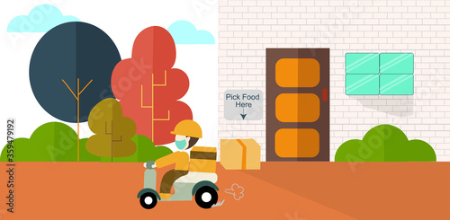 food delivery take the food in front of the house in quarentine day and takle corona virus.