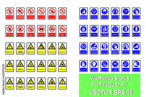 54 types of industrial safety Signs to be used., all in one collection pack., suitable for warning label paste on the wall in industrial plants., Vector EPS.10
