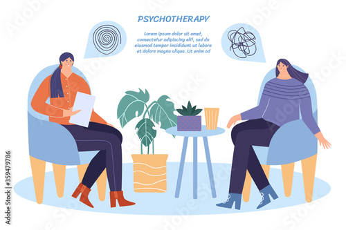 Reception at the doctor of the psychologist. The doctor is conducting psychotherapy. Psychologist helps a woman to cope with stress. Vector illustration with place for your text.