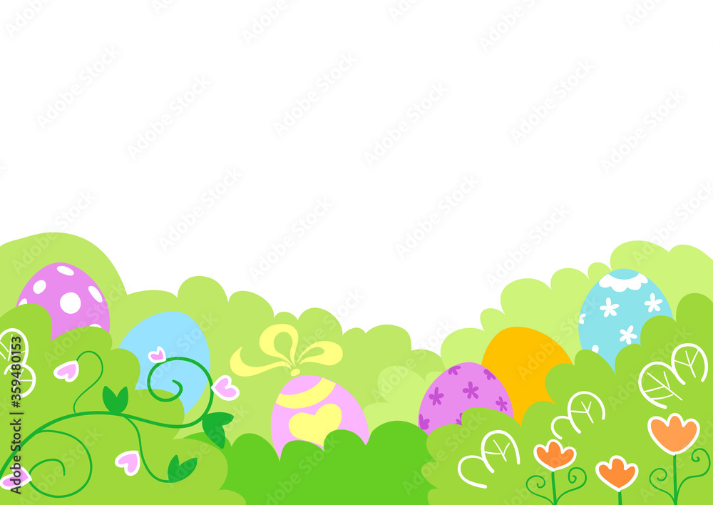 Easter cartoon decoration with bush, flowers and eggs illustration