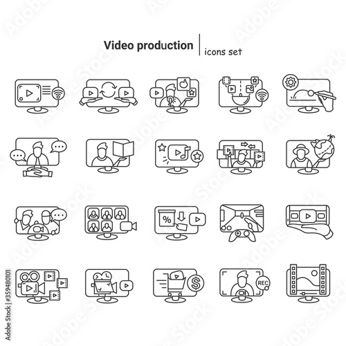 Video icons set. Collection if pictogram signs for video call, web conference, digital marketing, film production and vlogging. Mobile media players linear elements set. Vector editable illustration