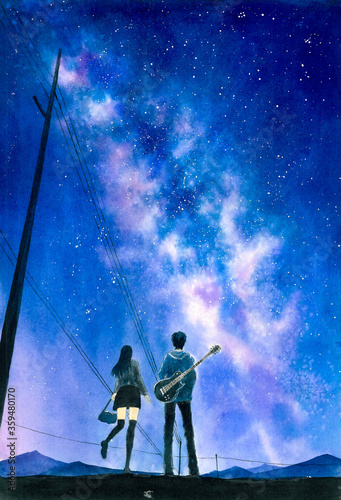 Watercolor Painting - Young Couple staring at milky-way in romantic night © CYC
