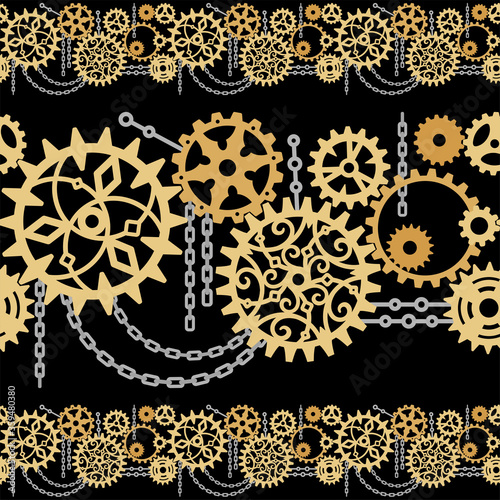 Openwork gears, cogwheels and chains on a black background. Seamless horizontal border for packaging, wrapper, website, printing on fabric, textile, clothes and bag. Vector design template. Steampunk