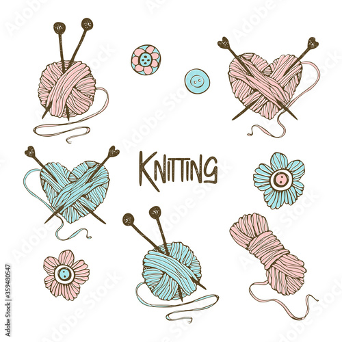A set of elements for knitting. In the style of Doodle. Vector
