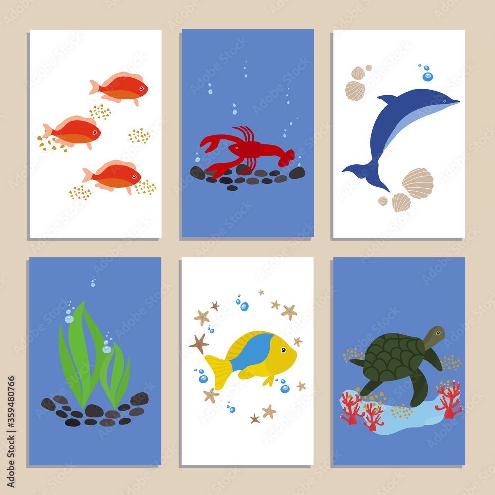 Collection of cards on the sea theme. Fish, seaweed, cancer, Dolphin, turtle. Vector illustration, in the style of hand drawing.