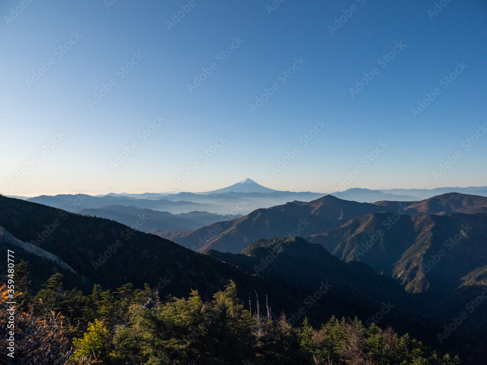 A view of beautiful Mt. Fuji and the mountains of Yamanashi Prefecture seen from Mt.Kobushigatake, Japan