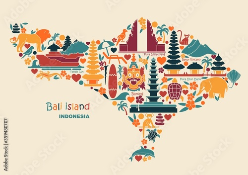 Map of Bali Islands, Indonesia with traditional symbols of architecture, culture and nature