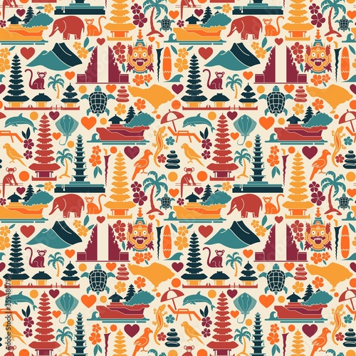 Seamless background with traditional symbols of the island of Bali, Indonesia