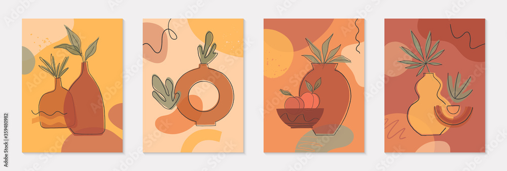 Bundle of art modern vector illustrations with vases,leaves,organic shapes and peaches.Terracotta art prints.Trendy contemporary design perfect for banners templates;social media,invitations;covers Bundle of art modern vector illustrations with vases,leaves,organic shapes and peaches.Terracotta art prints.Trendy contemporary design perfect for banners templates;social media,invitations;covers