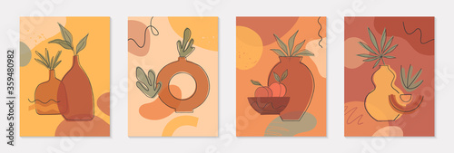 Bundle of art modern vector illustrations with vases leaves organic shapes and peaches.Terracotta art prints.Trendy contemporary design perfect for  banners templates social media invitations covers