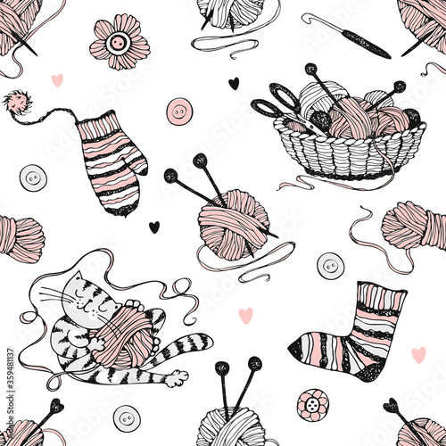 Seamless pattern on the theme of knitting with a basket and balls of yarn and a cute cat. Vector