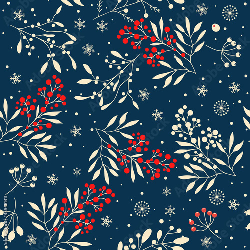 Merry Christmas, Happy New Year seamless pattern with branches, leaves, berries and snowflakes for greeting cards, wrapping papers. Seamless winter pattern. Vector illustration.