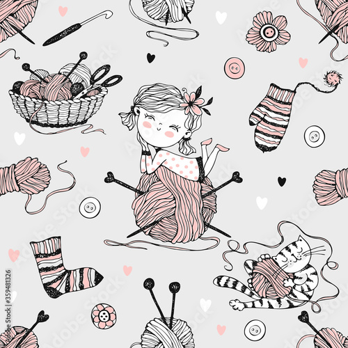 Seamless pattern on the theme of knitting with a cute girl on a large ball of yarn and a cute cat. Vector