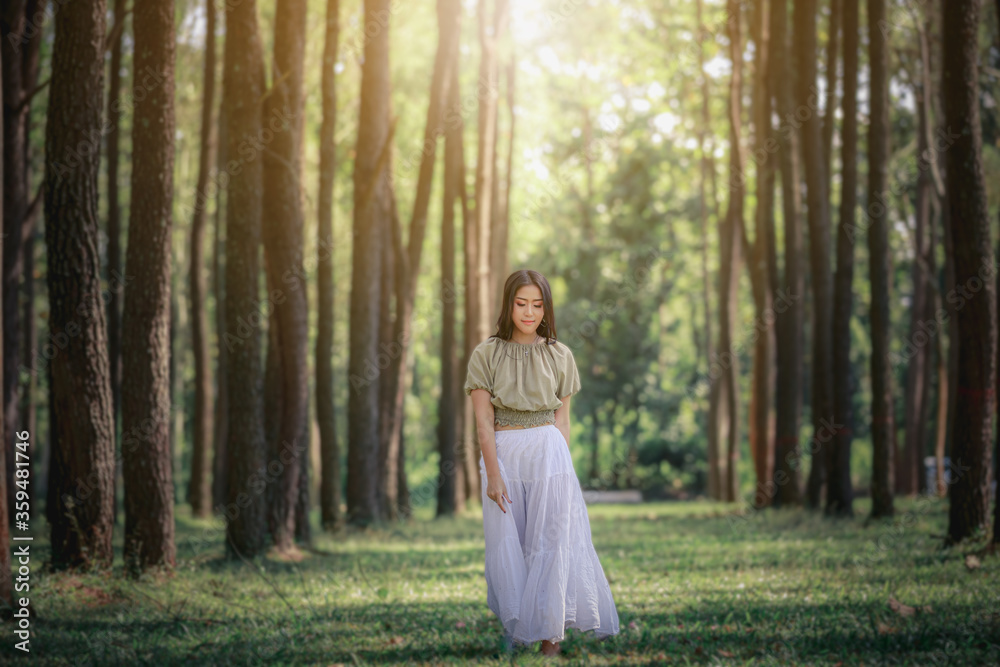 women asian girl walking in the natural park pine forest alone nature people concept.