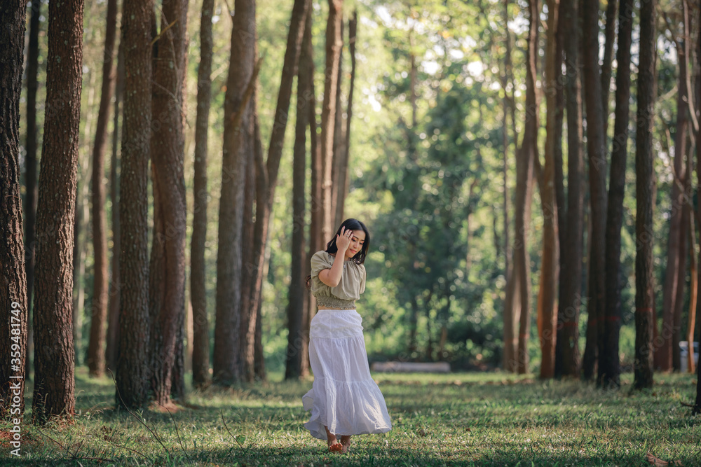 women asian girl walking in the natural park pine forest alone nature people concept. women asian girl walking in the natural park pine forest alone nature people concept.