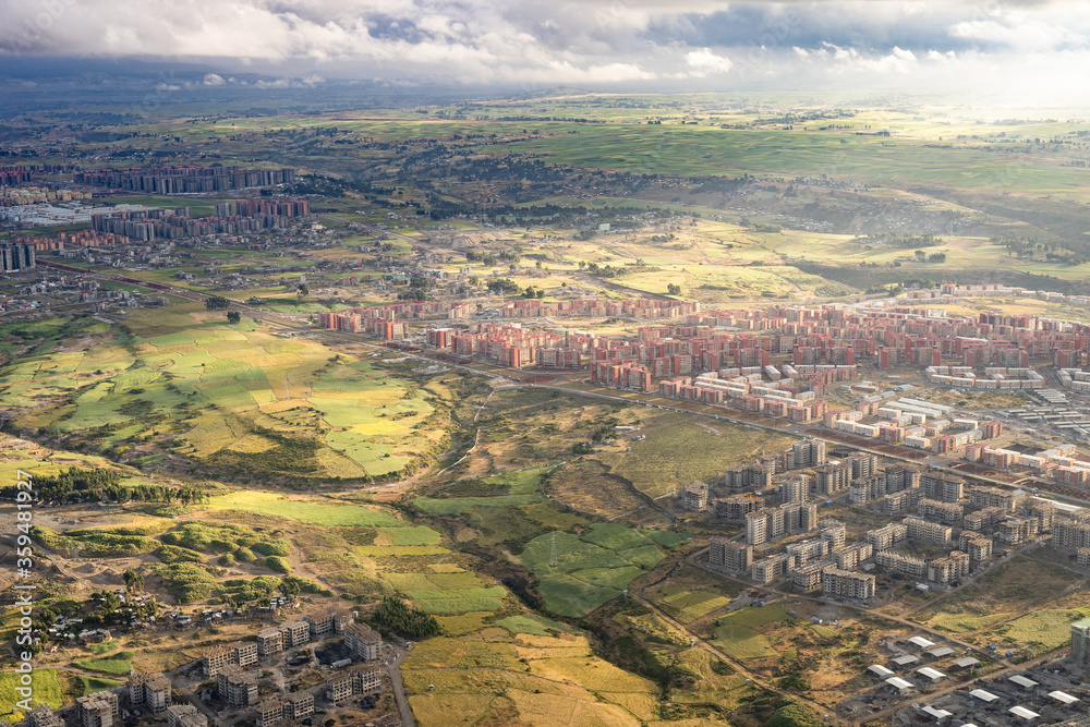 Dramatic economic development and urban and industrial construction site in large African city Addis Ababa, Ethiopia by Chinese investors