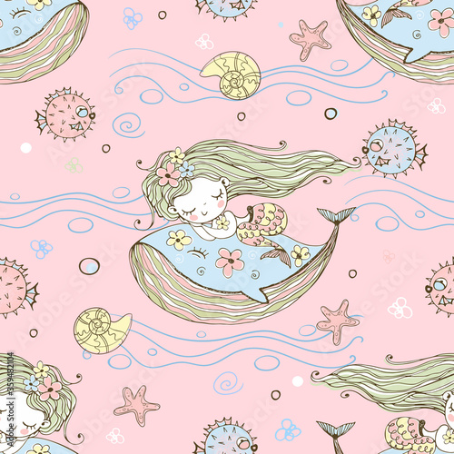 Cute little mermaid sleeping on a whale. Vector