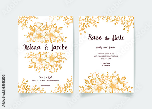 Wedding invitation card  save the date with golden frame  flowers  leaves and branches.