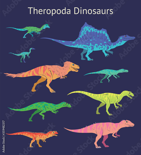 Set of theropoda dinosaurs. Colorful vector illustration of dinosaurs isolated on blue background. Side view. Theropods. Proportional dimensions. Element for your desing  blog  journal.