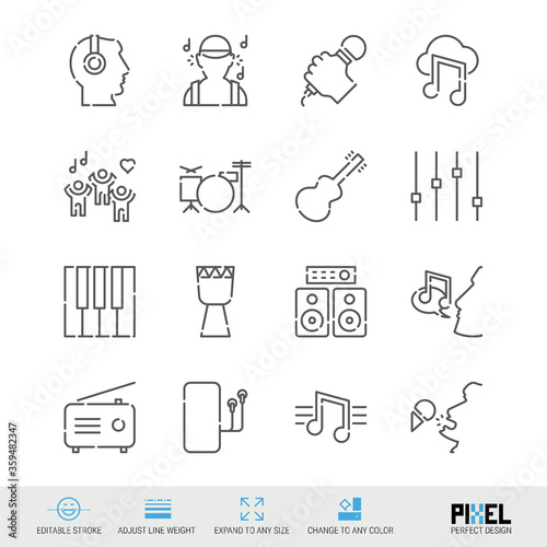 Vector line icon set. Music related linear icons. Musical symbols, pictograms, signs. Pixel perfect design. Editable stroke. Adjust line weight. Expand to any size. Change to any color.