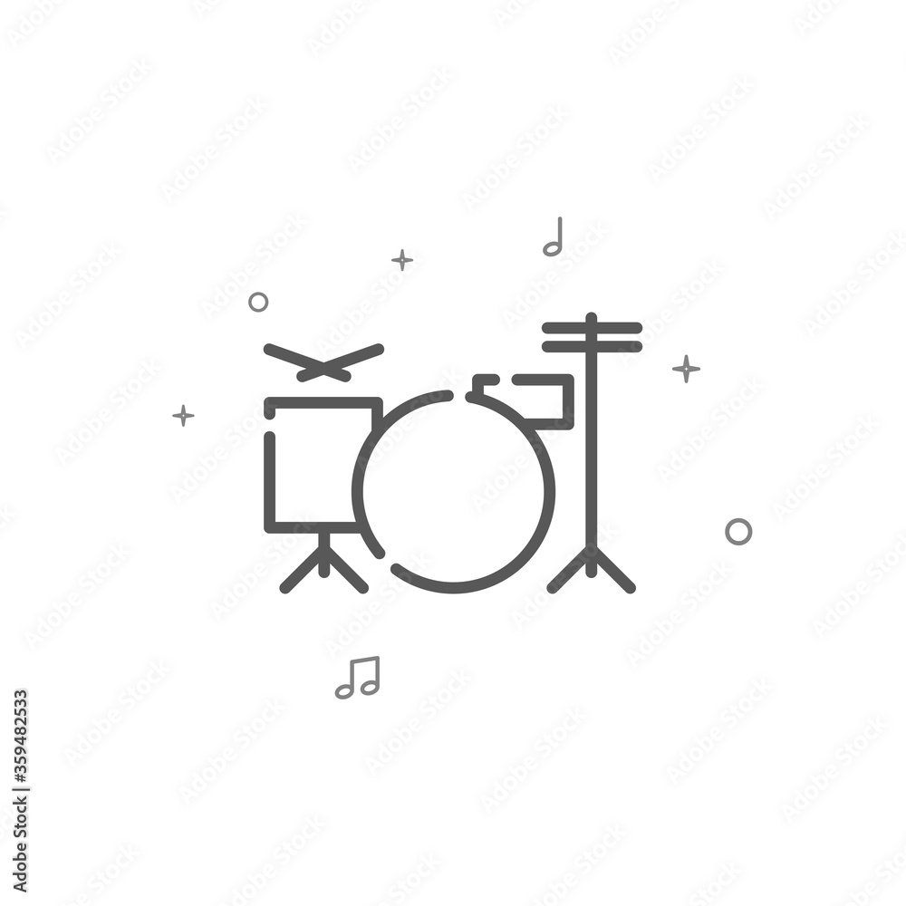 Drum kit simple vector line icon. Drummer symbol, pictogram, sign. Light background. Editable stroke. Adjust line weight.