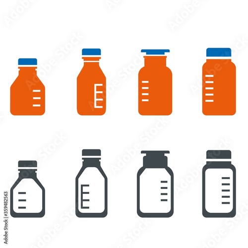 Set of various reagent glass bottles for chemicals and other media. Laboratory glassware icons in orange color body and blue stopper caps.