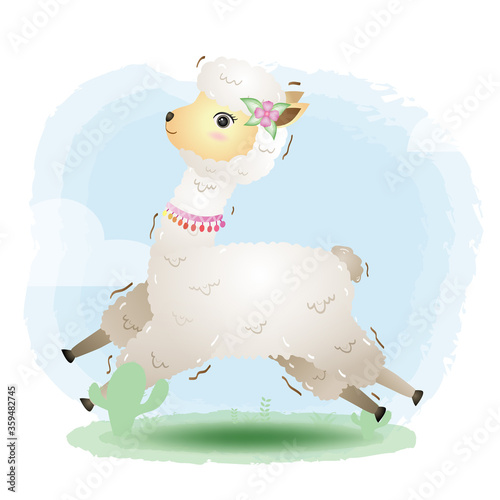 cute little alpaca with accessories in the children's style. cute cartoon little alpaca vector illustration
