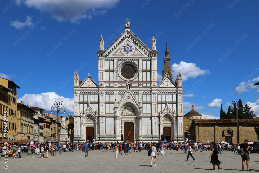 Florence, Tuscany, Italy, June 2020, facade and square of Santa Croce (holy Cross) with tourists