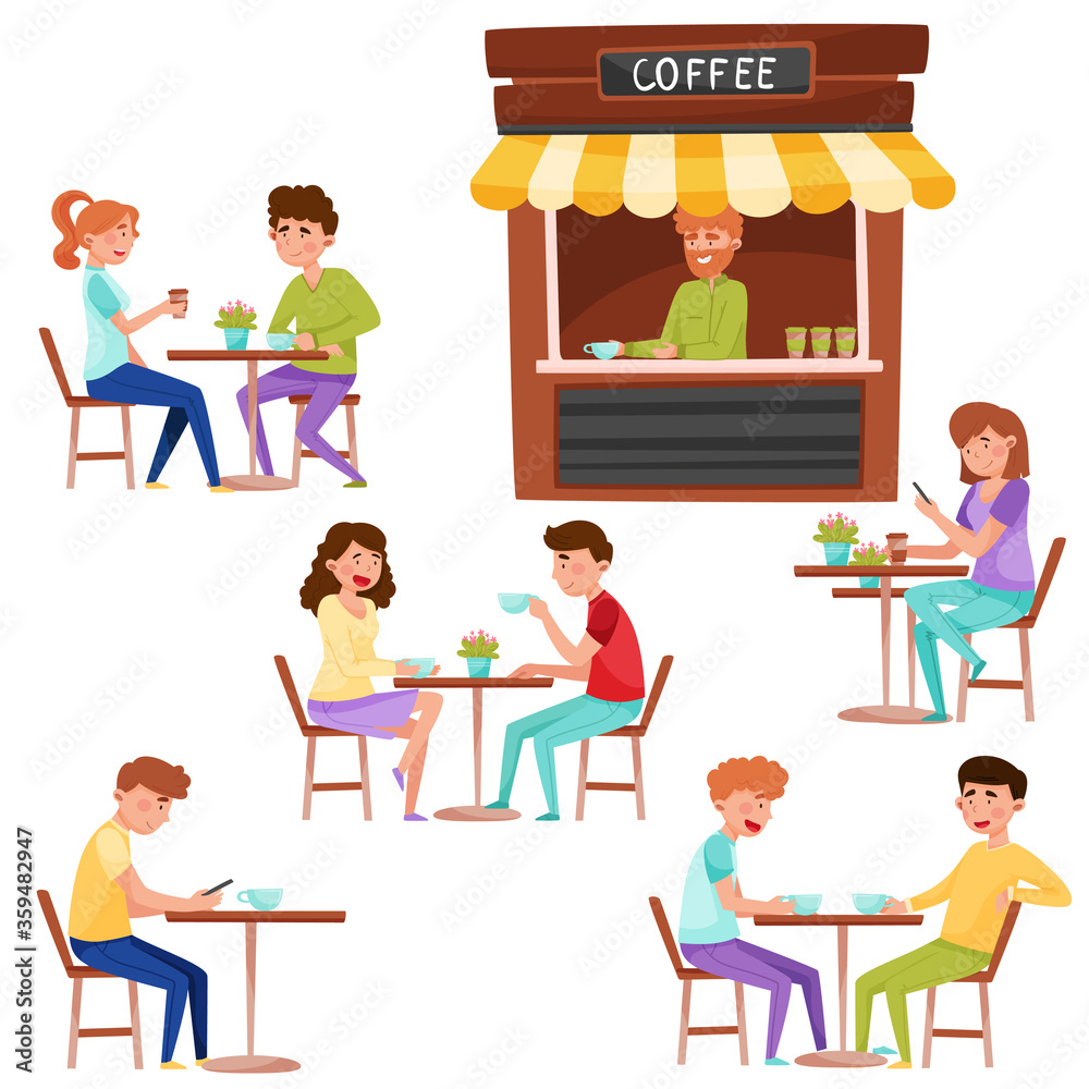 People Characters Sitting at Street Cafe Tables Talking and Drinking Coffee Vector Illustrations Set People Characters Sitting at Street Cafe Tables Talking and Drinking Coffee Vector Illustrations Set