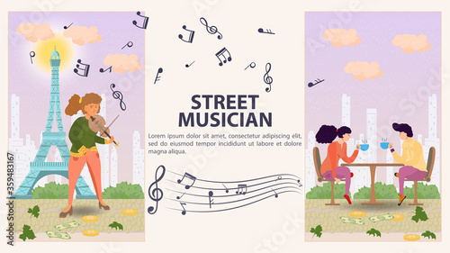 Two vertical banners for design a street musician a Girl playing a violin a guy and a girl sitting at a table with mugs of tea flat vector illustration cartoon