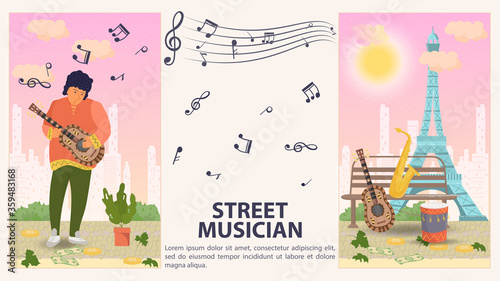 Two vertical banners for design street musician Man playing guitar musical instruments lying on a bench flat vector illustration cartoon