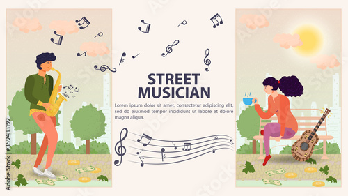 Two vertical banners for the design a street musician a Man playing a saxophone a girl sitting on a bench next to a guitar a flat vector illustration of a cartoon