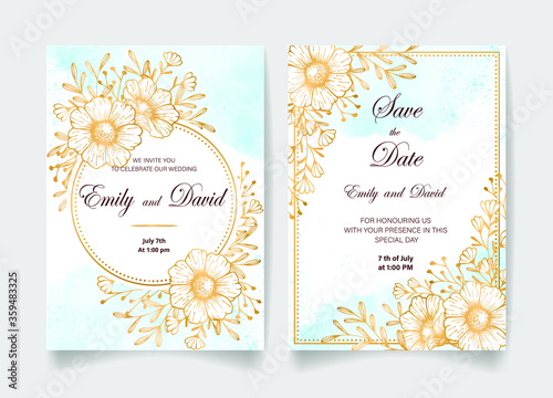 Wedding invitation card  save the date with watercolor background  golden flowers  leaves and branches. 