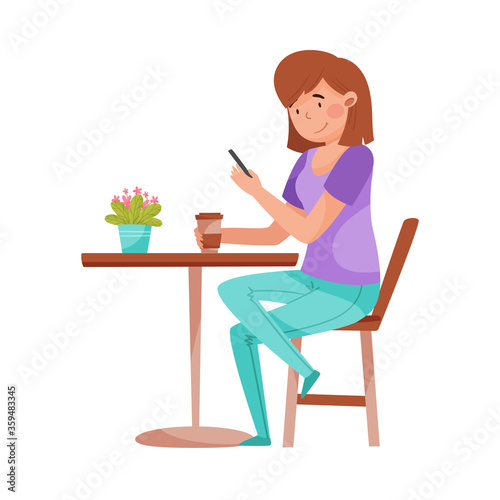 Young Woman Sitting at Street Cafe Table with Smartphone and Drinking Coffee Vector Illustration © Happypictures