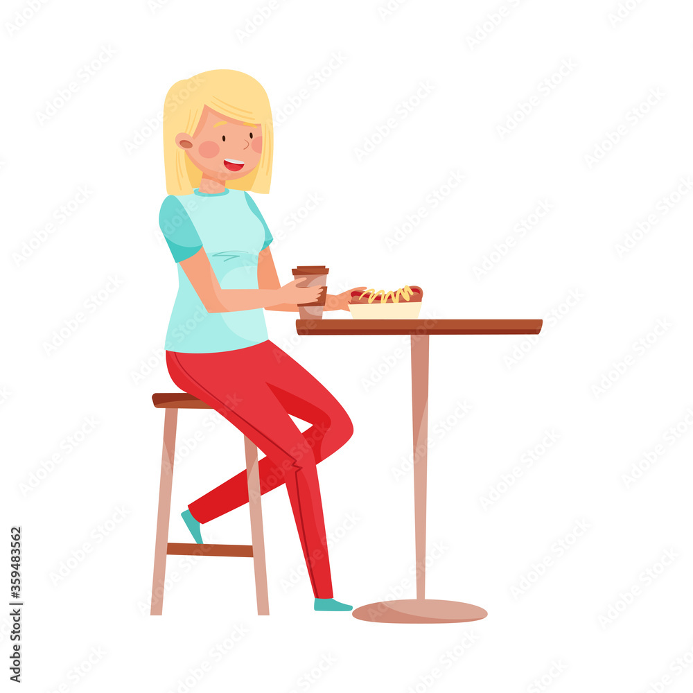 Fototapeta premium Young Woman Sitting at Street Cafe Table Eating Hot Dog and Drinking Coffee Vector Illustration