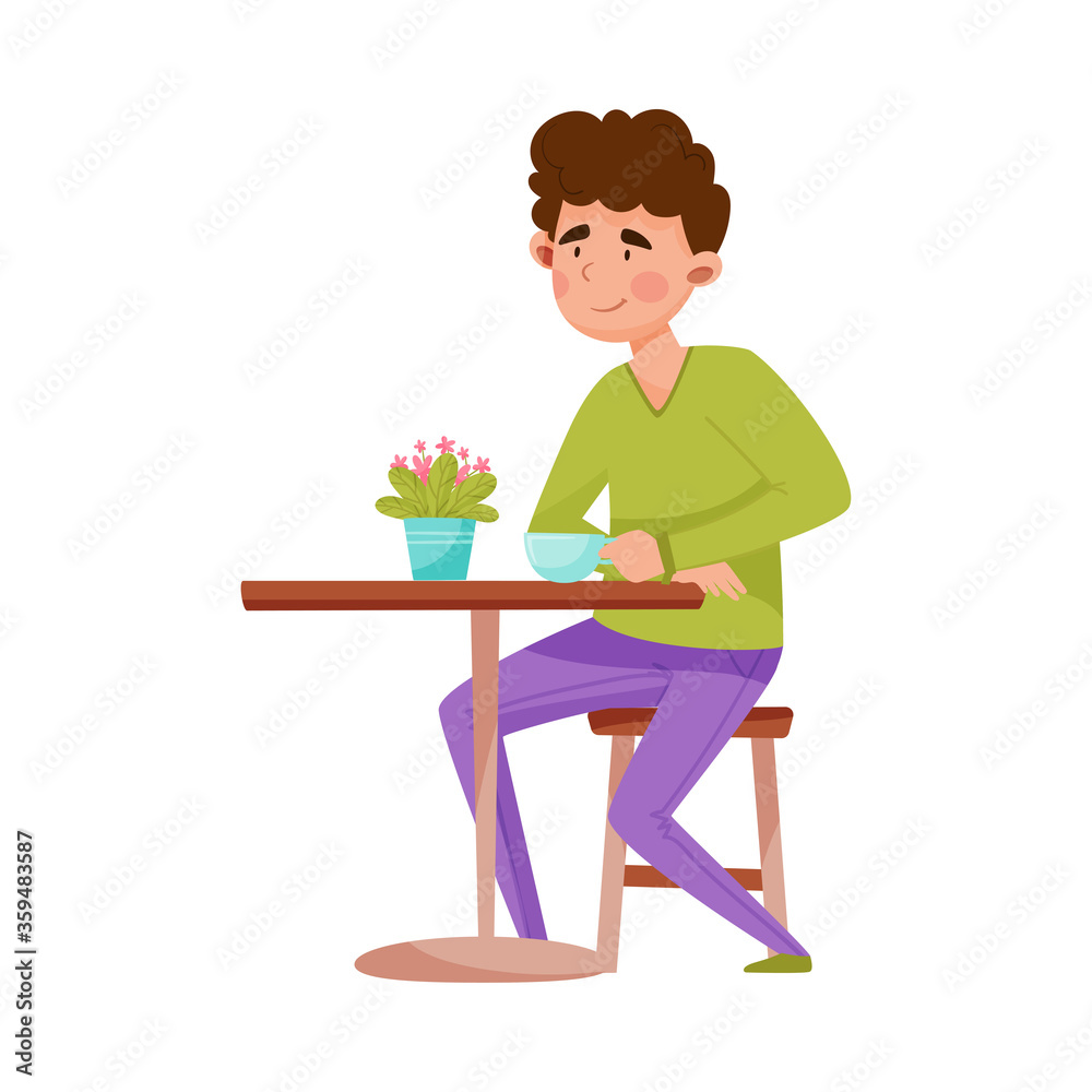 Young Man Sitting at Street Cafe Table and Drinking Coffee Vector Illustration