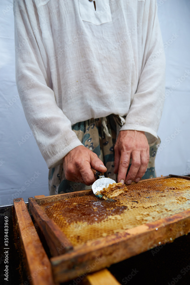 pumping and collecting honey in an apiary in a mechanical honey extractor pumping and collecting honey in an apiary in a mechanical honey extractor