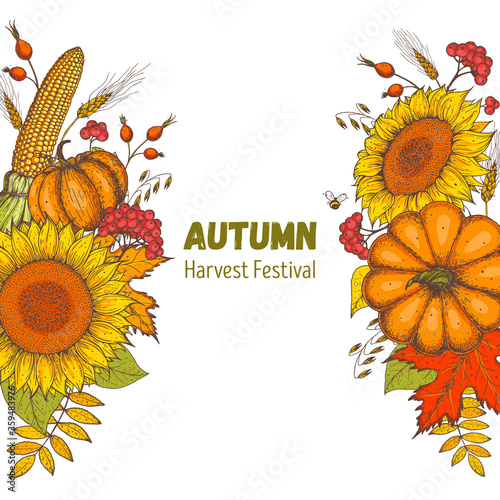 Hello autumn design template. Harvest festival. Hand drawn frame with fall leaves, pumpkin and sunflower. Vector illustration. Autumn bouquets.