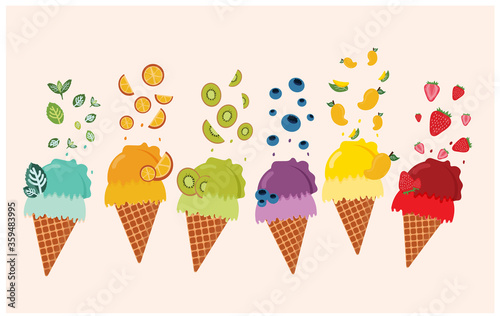 mixed fruit ice cream background such as orange Kiwi blueberry mango strawberry mint